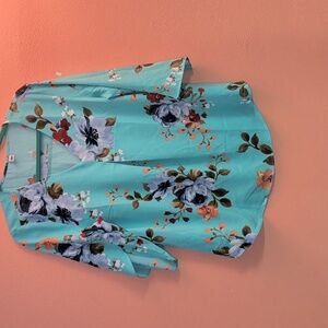 Floral V-Neck Blouse - Turquoise